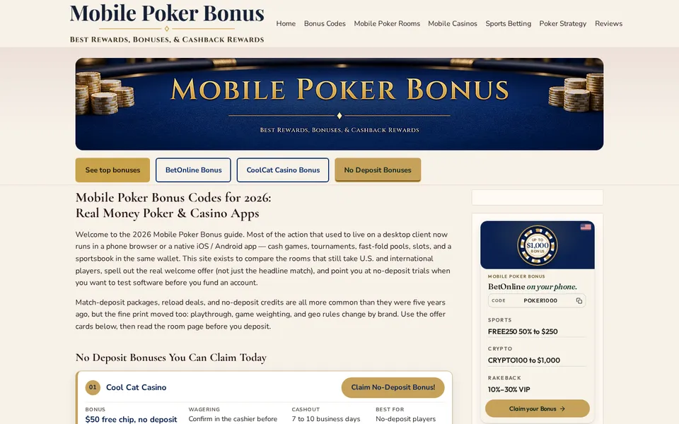 Mobile Poker Bonus homepage with a navy and gold banner, the heading 'Mobile Poker Bonus Codes for 2026: Real Money Poker & Casino Apps,' and a list of no-deposit bonuses