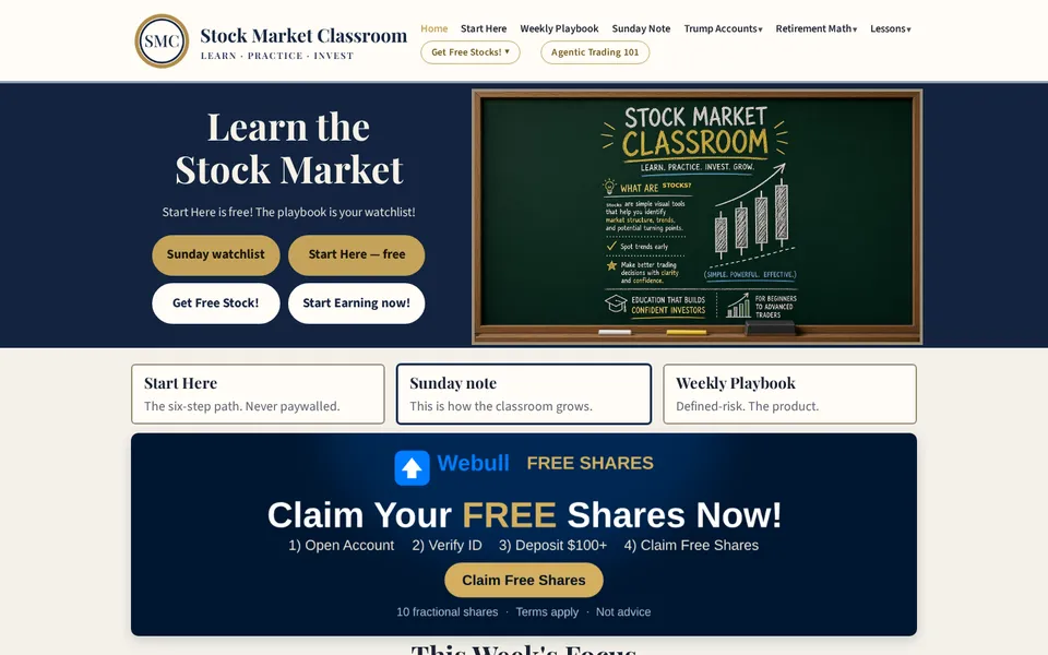 Stock Market Classroom homepage with the headline 'Learn the Stock Market,' a chalkboard graphic of stock charts, and a Webull free shares banner