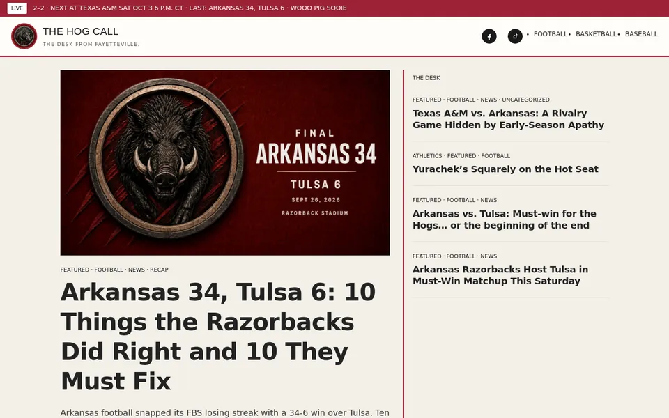 The Hog Call homepage with a 'Final: Arkansas 34, Tulsa 6' graphic and the article 'Arkansas 34, Tulsa 6: 10 Things the Razorbacks Did Right and 10 They Must Fix'